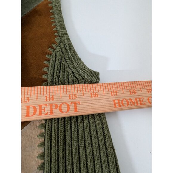 Leather Patchwork Vest Womens Size Medium Green Ribbed Knit Full Zip Boho - Picture 7 of 8